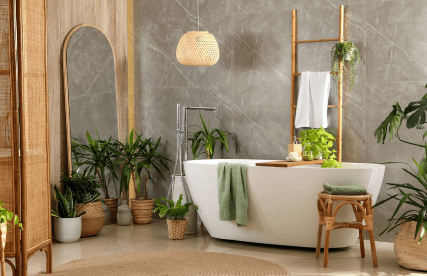 modern minimalist banyo tasarimlari,beyaz kuvetli banyo,banyo bitkileri,zeminde kullanilan krem rengi seramik,duvarda kullanilan gri seramik