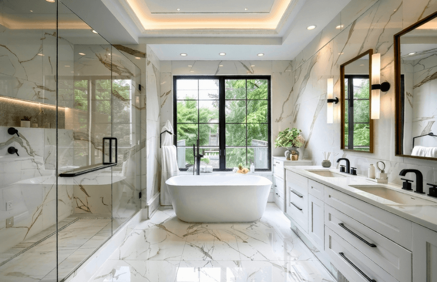 mermer gorunumlu seramik, beyaz tonlarda modern ferah banyo,beyaz kuvetli modern banyo,beyaz ahsap banyo dolaplari,siyah metal cerceveli banyo penceresi,gunisigi alan banyo,buyuk dus alanli banyo