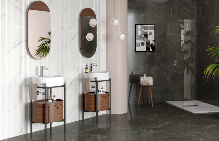 icon yuvarlak lavabo dolabi seti,I-Con serisi,kalebanyo icon serisi,yuvarlak beyaz lavabo,ahsap yuvarlak lavabo seti,modern banyo tasarimi,yuvarlak hatli banyo aynasi,banyoda zemin ve duvarda kullanilan koyu renkli seramikler,lavabo seti arkasi beyaz seramikli banyo