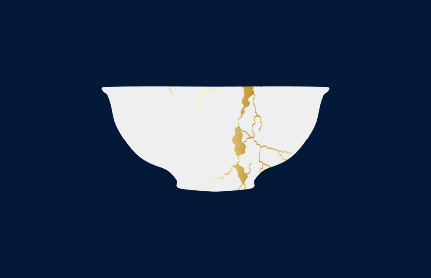 Kintsugi, kintsugi felsefesi,japon felsefesi kintsugi,surdurulebilir japon felsefesi kintsugi,kirik seramikleri birlestirme,mavi fon ustune beyaz canak ilustrasyon ve altin rengi kintsugi