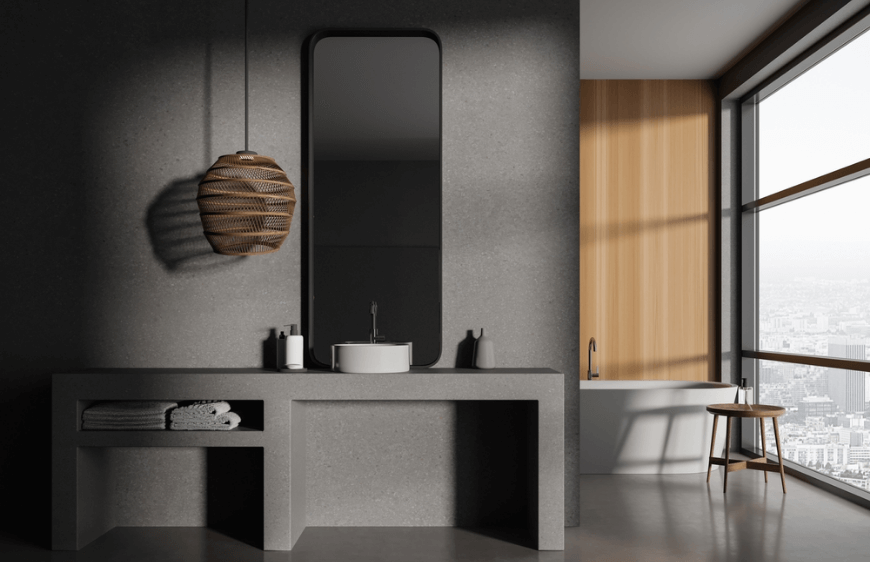 koyu tonlarda banyo tasarimi,minimalist modern banyo tasarimi,gun isigi alan kuvetli banyo tasarimi,gri tonlarda banyo tasarimi,ahsap gri banyo tasarimi