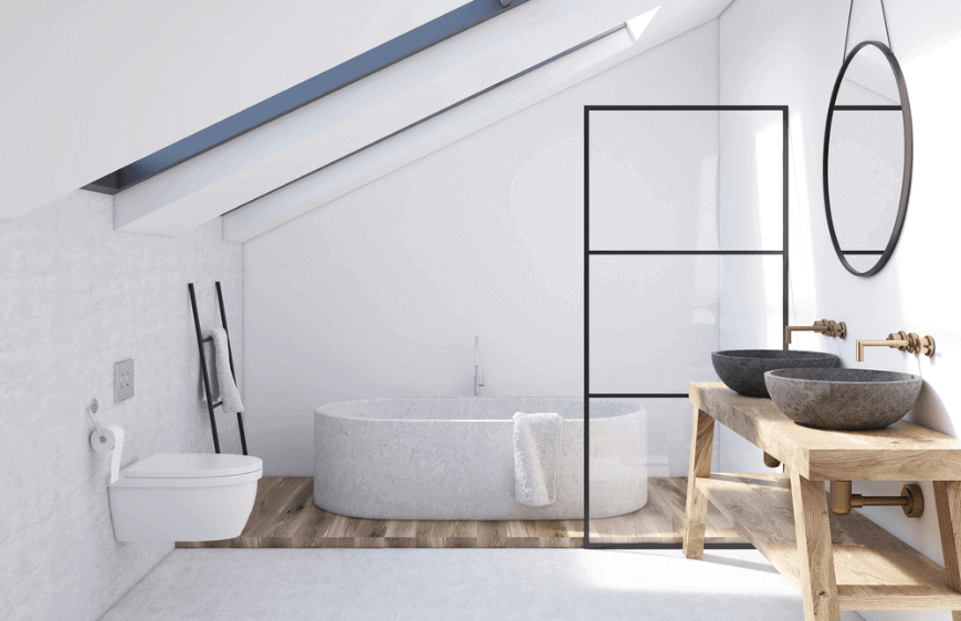 minimal modern banyolar,beyaz banyo tasarimlari,çanak lavabolu banyolar,ahsap tezgahli banyolar,beyaz kuvetli banyolar,cati banyolar,gokyuzunu goren banyolar,siyah metal cerceveli yuvarlak aynali banyo,siyah metal cerceveli dus alanini ayiran cam panel