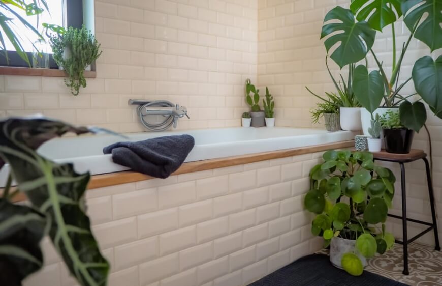 kuvetli ve yesil bitkilerin bulundugu banyoda duvarda ve kuvet cevresine beyaz metro karo doseme ile temiz goruntu
